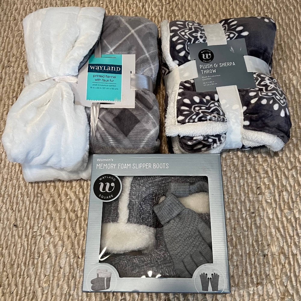 CVS Wayland Square Printed Flannel & Plush Sherpa Throws + Memory Foam Slippers